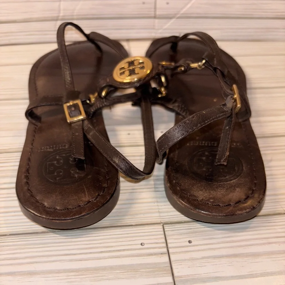 Tory Burch Brown Leather Logo Thong Sandals with Gold Hardware